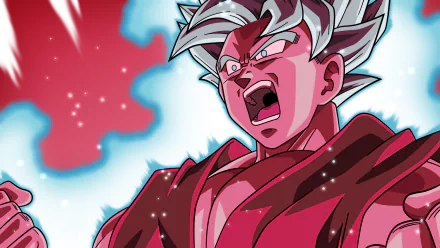 HD desktop wallpaper featuring Goku from Dragon Ball Super. The image shows Goku in his Super Saiyan Blue form, also using the Kaioken technique, with a red aura and determined expression.