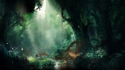 A serene fantasy forest scene featuring a fawn and deer, illuminated by soft light filtering through lush greenery, creates a mystical atmosphere for an HD desktop wallpaper.