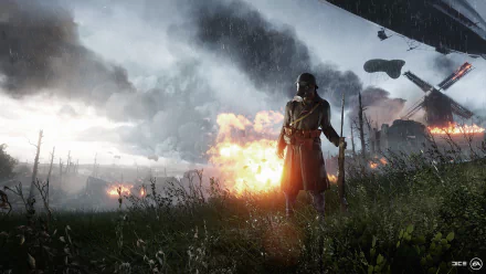 A dramatic HD desktop wallpaper for Battlefield 1, showcasing a soldier standing amidst a fiery battlefield under a stormy sky, with smoke and explosions in the background.