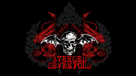 HD desktop wallpaper featuring Avenged Sevenfold's iconic logo with a dark skull design, accented by red winged elements.
