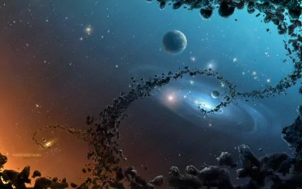HD Sci-Fi space-themed desktop wallpaper featuring a stunning cosmic scene with planets, stars, and a spiral asteroid belt against a gradient background transitioning from orange to blue.