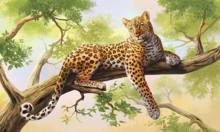 HD digital painting of a leopard resting on a tree branch, surrounded by lush green foliage, designed as a vibrant PC desktop wallpaper and background.