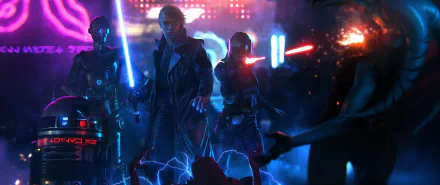 A dynamic Star Wars scene featuring R2-D2, Luke Skywalker wielding a lightsaber, and futuristic characters amidst vibrant sci-fi visuals and electric energy.