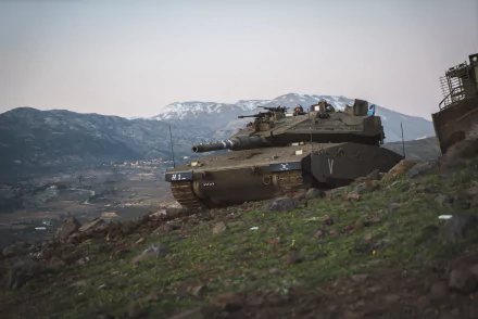 4K Ultra HD PC desktop wallpaper of a Merkava main battle tank resting on a grassy hillside, overlooking a valley with distant snow-capped mountains under a pale sky.