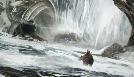 HD PC desktop wallpaper: a fantasy warrior riding a massive bear across a snow-swept cave mouth beneath towering frozen falls in a stark winter landscape.