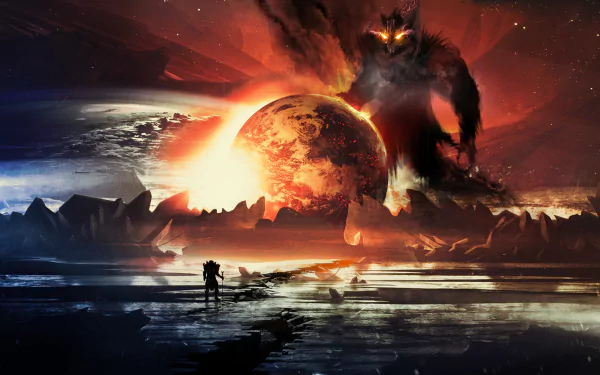 HD PC desktop wallpaper featuring a dark, fiery monster looming over a glowing planet with a lone figure standing on rocky terrain below.