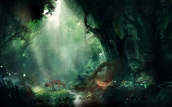 A serene fantasy forest scene featuring a fawn and deer, illuminated by soft light filtering through lush greenery, creates a mystical atmosphere for an HD desktop wallpaper.