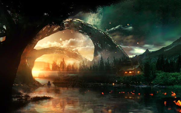 HD desktop wallpaper of a fantasy landscape featuring a serene river, mystical archways, lit cabin, and glowing sunset.