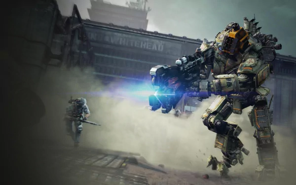 HD PC desktop wallpaper showcasing a fierce battle scene from the video game Titanfall, featuring a heavily armed mech and a soldier in a dystopian urban setting.