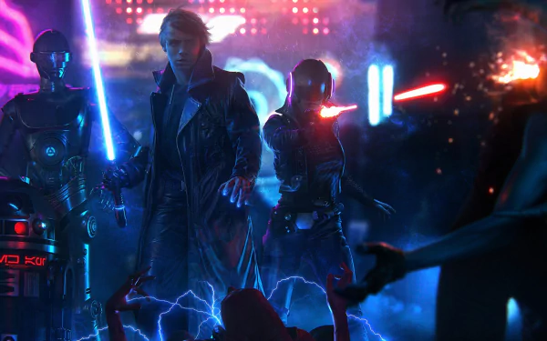 A dynamic Star Wars scene featuring R2-D2, Luke Skywalker wielding a lightsaber, and futuristic characters amidst vibrant sci-fi visuals and electric energy.