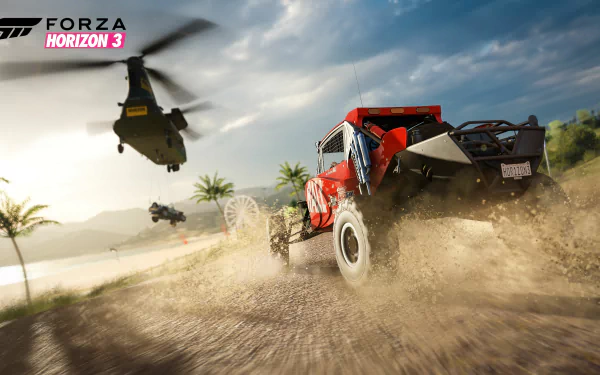 4K Ultra HD Forza Horizon 3 PC wallpaper featuring an off-road buggy kicking up dust with helicopters flying overhead under a cloudy sky.
