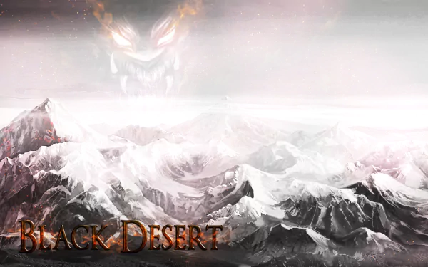 HD PC desktop wallpaper from the video game Black Desert Online featuring a vast, snowy mountain range under a misty sky with a faint, fiery face in the clouds.