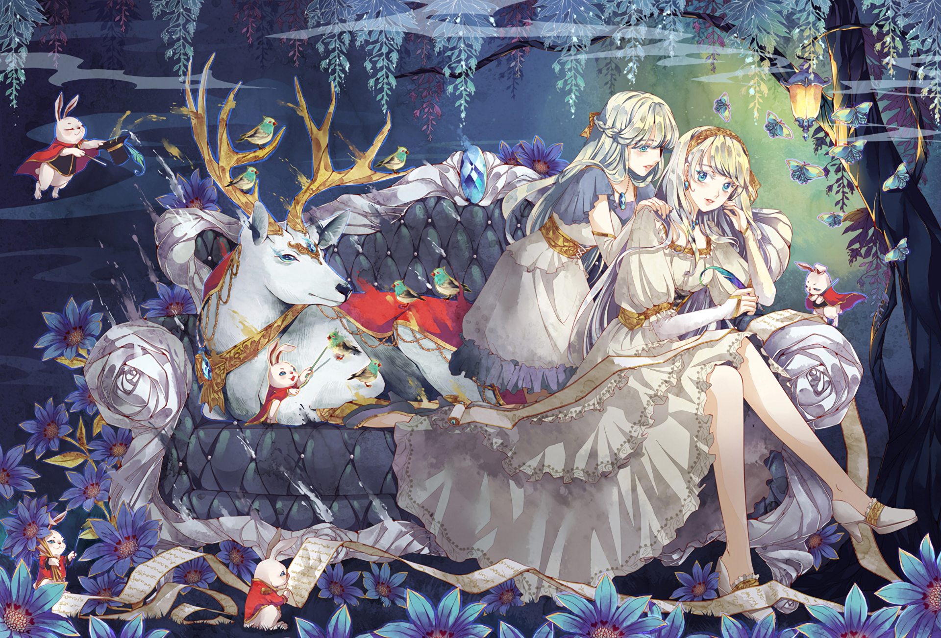 HD anime wallpaper featuring two ethereal figures on a grand couch, surrounded by whimsical animals, vibrant flowers, and a serene forest ambiance. Original artwork enhances any desktop background.