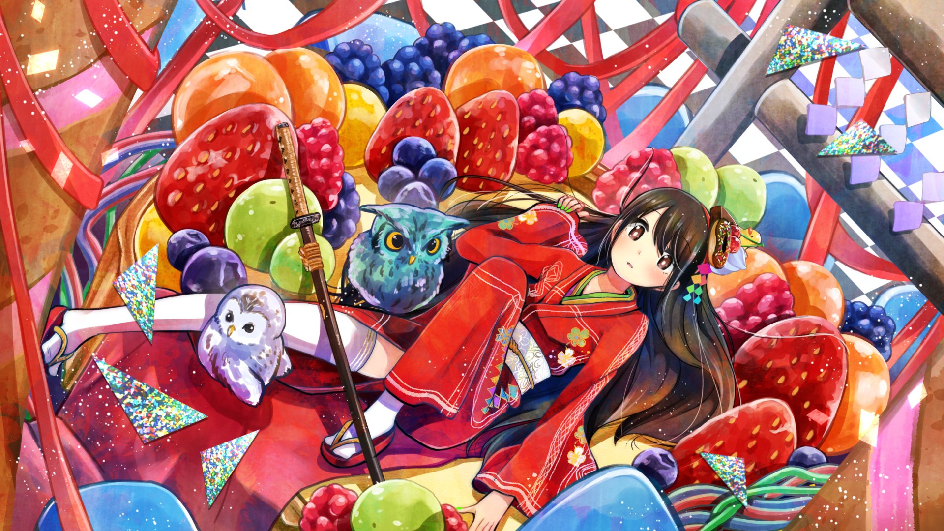 Vibrant anime-style HD PC desktop wallpaper featuring a girl in red kimono surrounded by colorful fruits and two owls amid dynamic ribbons and sparkling details.
