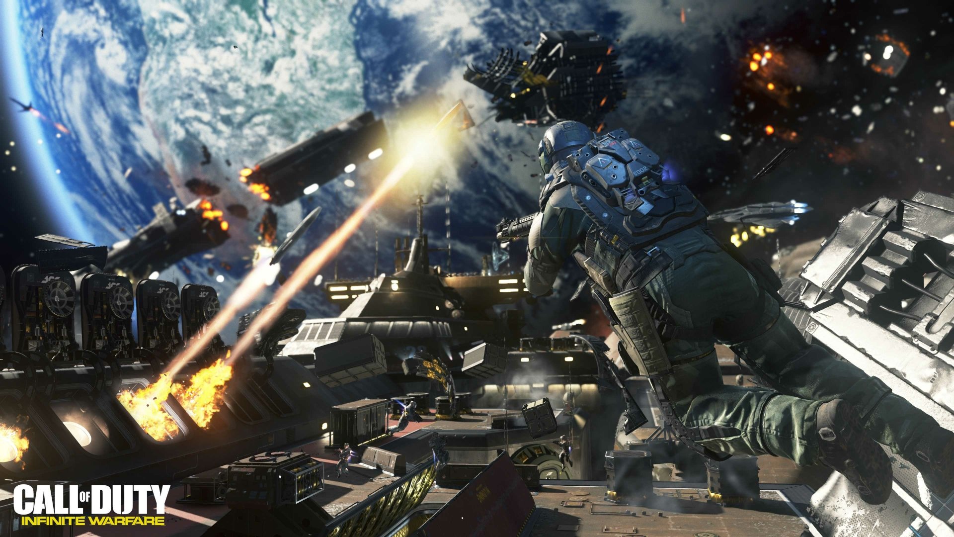 4K Ultra HD PC desktop wallpaper featuring intense outer space combat from the video game Call of Duty: Infinite Warfare, with a soldier in futuristic armor amidst explosions.