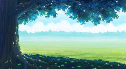 A serene anime scene featuring a large tree with vibrant blue foliage, overlooking an open field under a bright sky, creating a calming HD desktop wallpaper.