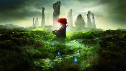 HD desktop wallpaper featuring Merida from the movie Brave, standing in a mystical green landscape surrounded by ancient stone pillars.