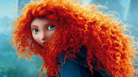 HD PC desktop wallpaper featuring Merida from the movie Brave, showcasing her iconic fiery red curls and determined expression against a cool-toned background.