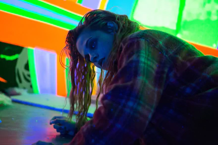 4K Ultra HD PC desktop wallpaper featuring Kristen Stewart in a scene from the movie American Ultra, highlighted with vivid neon green and orange lighting.