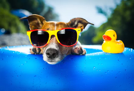 A playful Jack Russell Terrier wearing bright sunglasses lounges on a blue float, enjoying summer vibes, accompanied by a rubber duck in a sunny outdoor setting.