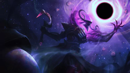 HD desktop wallpaper of Thresh from League of Legends, featuring the character in a cosmic setting with vibrant purples and a black hole.
