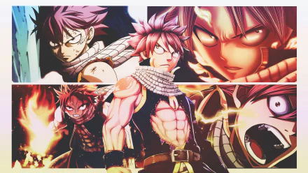 HD desktop wallpaper featuring Natsu Dragneel from the anime Fairy Tail in various dynamic and intense poses.