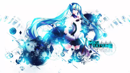 HD PC desktop wallpaper featuring Hatsune Miku, the iconic anime-style Vocaloid character with long turquoise twin-tails, surrounded by abstract blue and black digital effects.