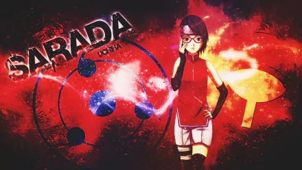 A vibrant HD wallpaper featuring Sarada Uchiha from the anime Boruto, showcasing her in a dynamic pose against a striking red and graphic background.