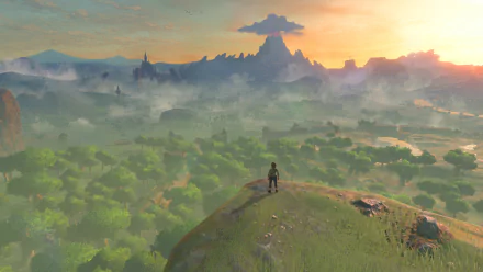 HD desktop wallpaper of The Legend of Zelda: Breath of the Wild, featuring a stunning view of vast landscapes with mountains in the distance at sunset.