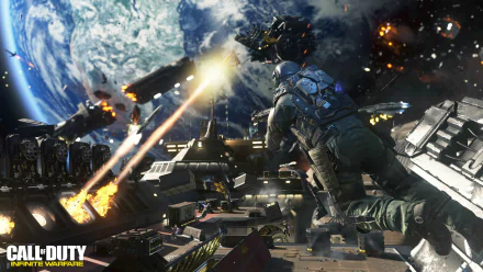 4K Ultra HD PC desktop wallpaper featuring intense outer space combat from the video game Call of Duty: Infinite Warfare, with a soldier in futuristic armor amidst explosions.