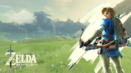 High-definition desktop wallpaper featuring Link from the video game The Legend of Zelda: Breath of the Wild by Nintendo. Link stands with a bow in a scenic grassy landscape.