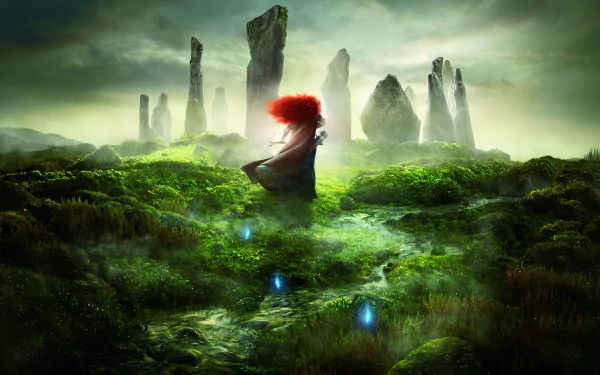 HD desktop wallpaper featuring Merida from the movie Brave, standing in a mystical green landscape surrounded by ancient stone pillars.