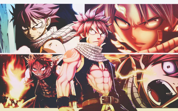 HD desktop wallpaper featuring Natsu Dragneel from the anime Fairy Tail in various dynamic and intense poses.