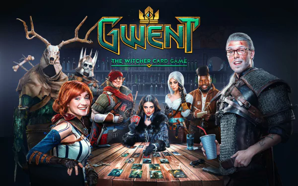 2K Quad HD PC desktop wallpaper — Gwent: The Witcher Card Game video game; characters gathered around a wooden table playing cards beneath the Gwent logo.