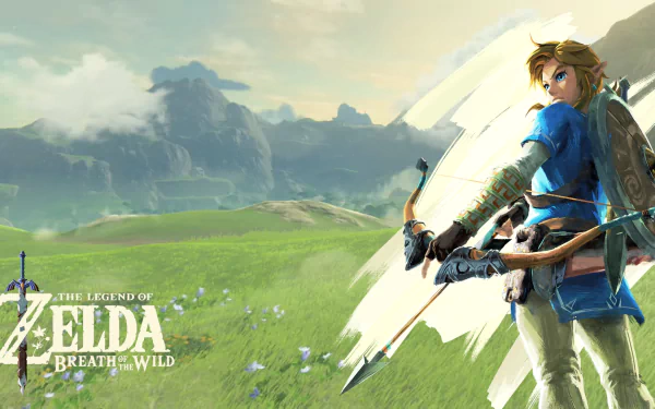 High-definition desktop wallpaper featuring Link from the video game The Legend of Zelda: Breath of the Wild by Nintendo. Link stands with a bow in a scenic grassy landscape.