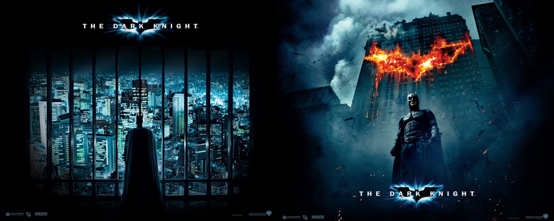 HD PC wallpaper featuring Batman overlooking a cityscape and a fiery bat symbol on a building from the movie The Dark Knight.
