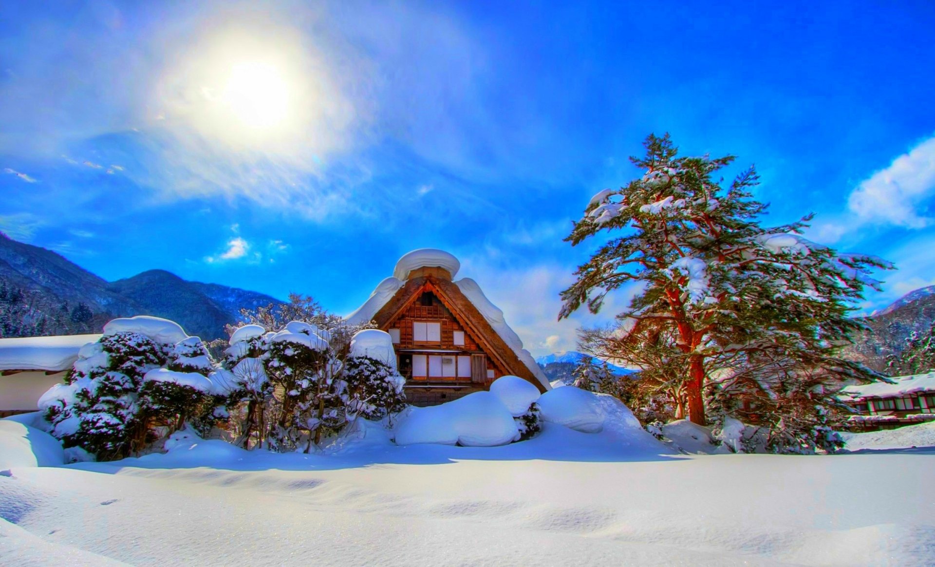 Download Sun Sunshine Tree Snow Winter House Man Made Shirakawa HD Wallpaper