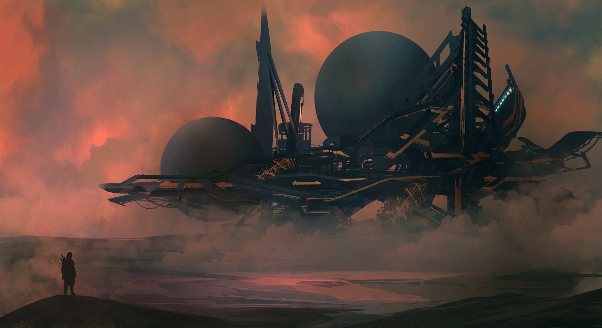 A sci-fi building looms in a smoky landscape, featuring large spherical structures against a dramatic sky, creating a striking 4K Ultra HD wallpaper backdrop.