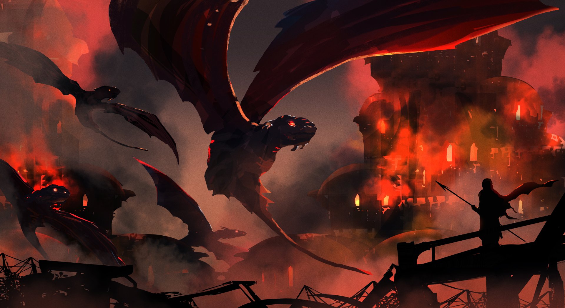 A fantasy warrior stands defiantly against a backdrop of fiery chaos, facing menacing dragons soaring through a turbulent sky in this striking 4K Ultra HD wallpaper.