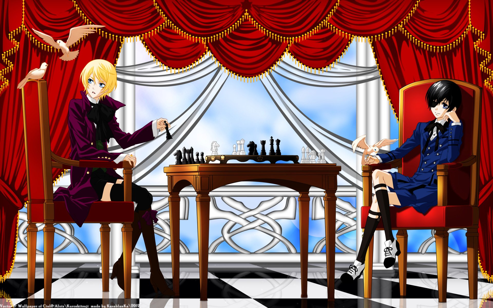 HD PC desktop wallpaper featuring Ciel Phantomhive and Alois Trancy from the anime Black Butler, sitting opposite each other at a chessboard in an elegant room.