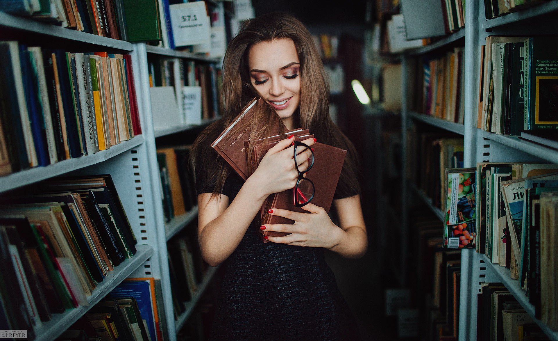 Download Library Glasses Book Brunette Model Woman Mood HD Wallpaper by ...