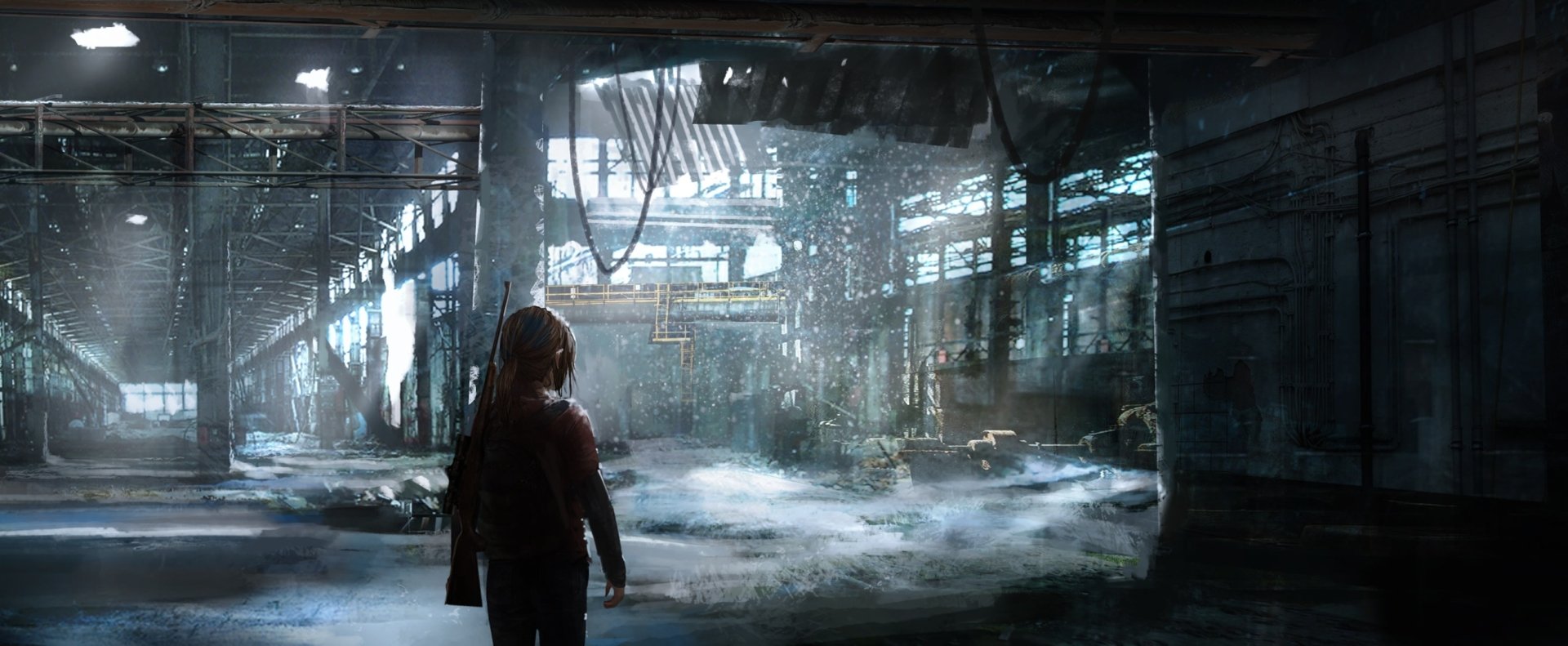 Ellie from The Last of Us stands in an abandoned, atmospheric environment. This HD wallpaper captures the intense, post-apocalyptic world of the video game.