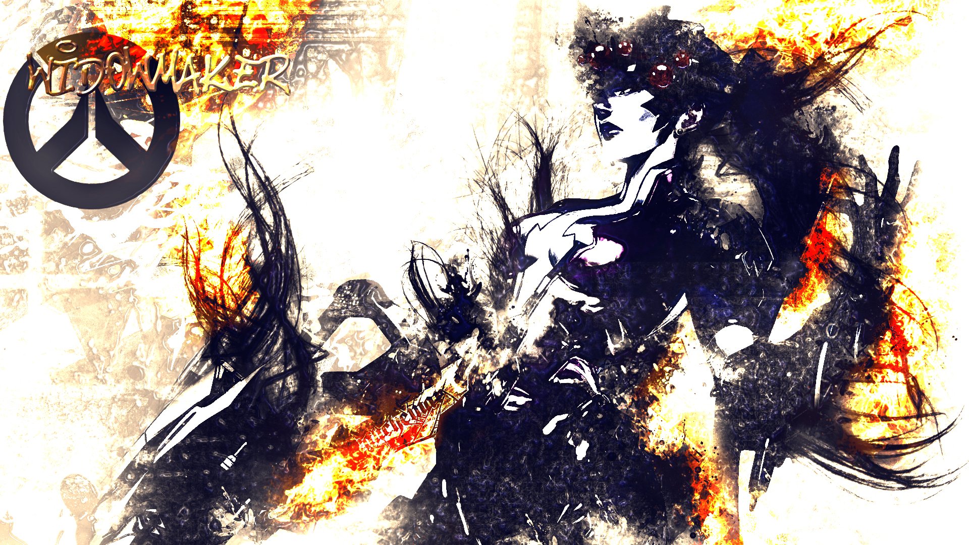 HD PC desktop wallpaper featuring Widowmaker from the video game Overwatch in a dynamic, fiery artistic style.