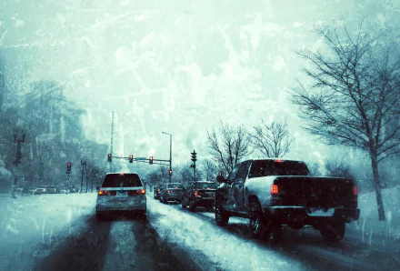 Winter traffic on a snowy road with cars stopped at a red traffic light, captured in an HD desktop wallpaper photograph.