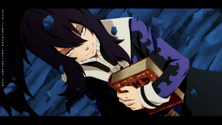 HD PC desktop wallpaper featuring Mard Geer from the anime Fairy Tail, holding a book with a dark, intense background.