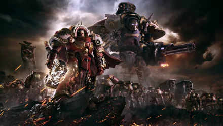 A dramatic HD wallpaper featuring Imperial Knights from Warhammer 40,000: Dawn of War III, showcasing a powerful Space Marine amidst a battlefield of warriors and skulls.