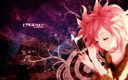 Anime original HD PC desktop wallpaper: dreamy pink-haired girl with closed eyes holding a book amid swirling floral and musical motifs.