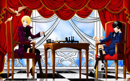 HD PC desktop wallpaper featuring Ciel Phantomhive and Alois Trancy from the anime Black Butler, sitting opposite each other at a chessboard in an elegant room.