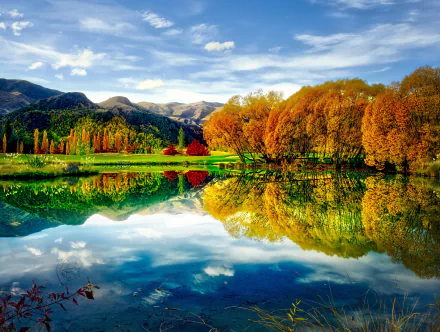 A serene lake landscape in fall, surrounded by vibrant autumn trees reflecting on the calm water under a clear blue sky, showcasing the beauty of nature in high definition.
