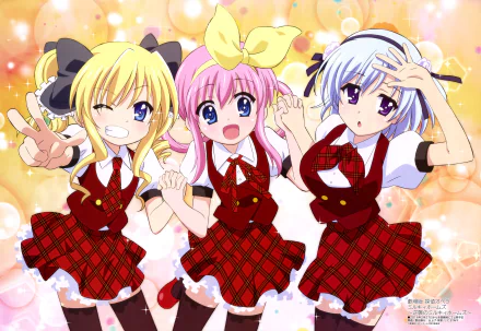 5K Ultra HD PC wallpaper of Tantei Opera Milky Holmes trio — Sherlock Shellingford, Henriette Mystere, Kokoro Akechi — in red plaid uniforms, smiling and posing against a sparkly bokeh background.